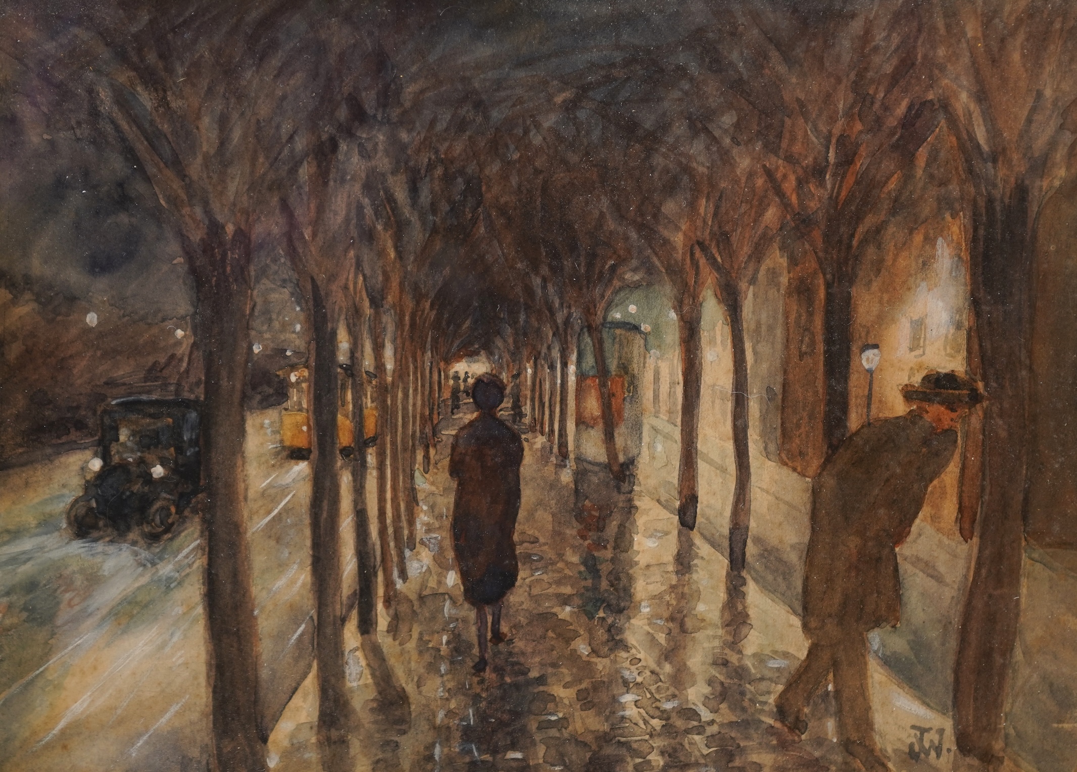 Jessica Walker (Arizona, Liverpool School of Art, Suffragette movement), Street scene at night, signed with monogram, watercolour, 14 x 19cm